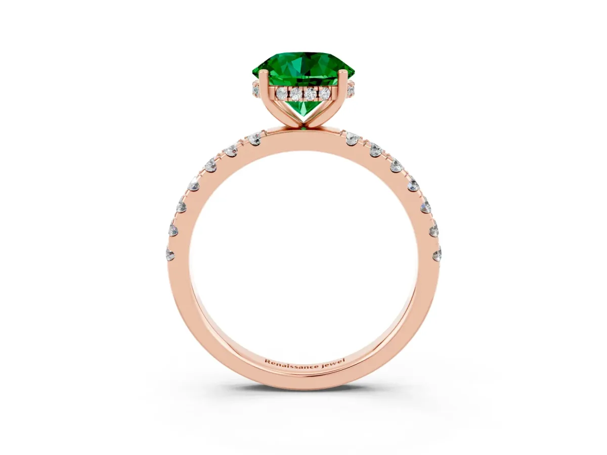 Round Cut Emerald Pave Band Solitaire Ring with Round and Prong Setting Rose gold
