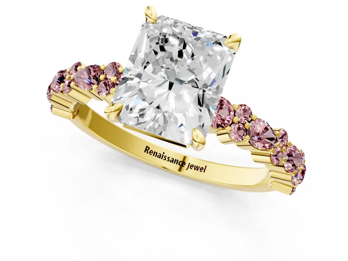 Radiant Cut Diamond Side Stone Solitaire Ring with Round Morganite and Four-Prong Setting Yellow gold