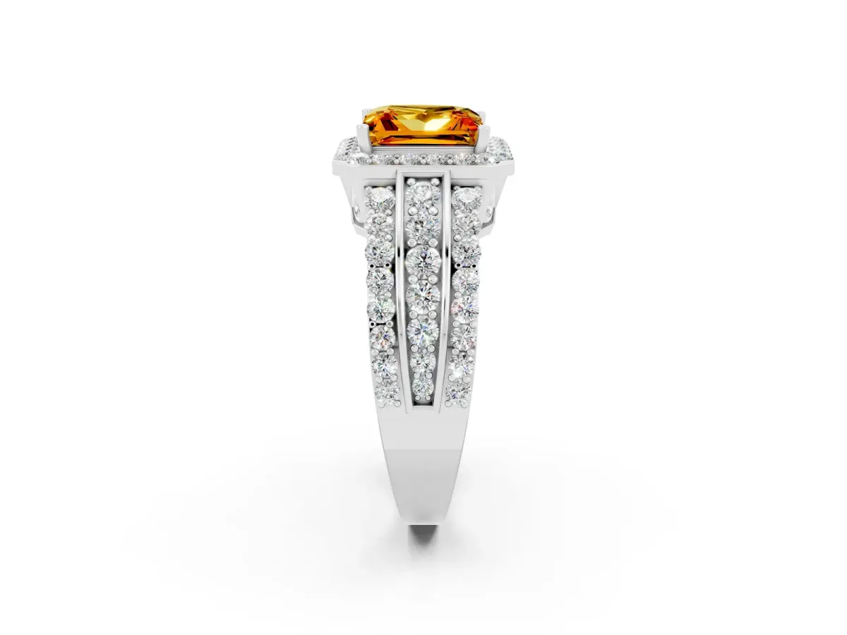 Princess Cut Halo Citrine Ring with Round Split Shank and Prong Setting White gold
