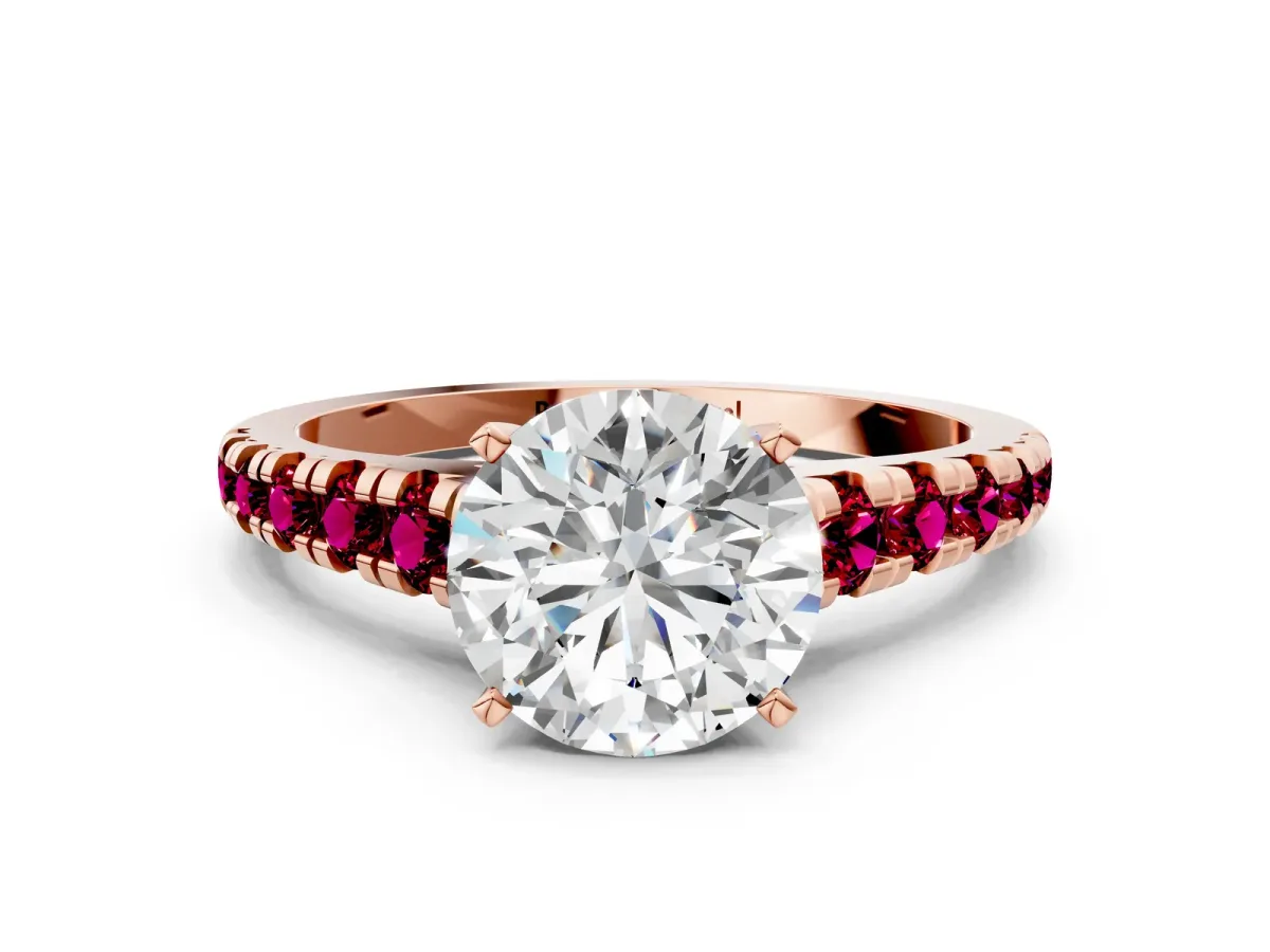 Round Cut Diamond Cathedral Solitaire Ring with Round Garnet Pavé Band Rose gold