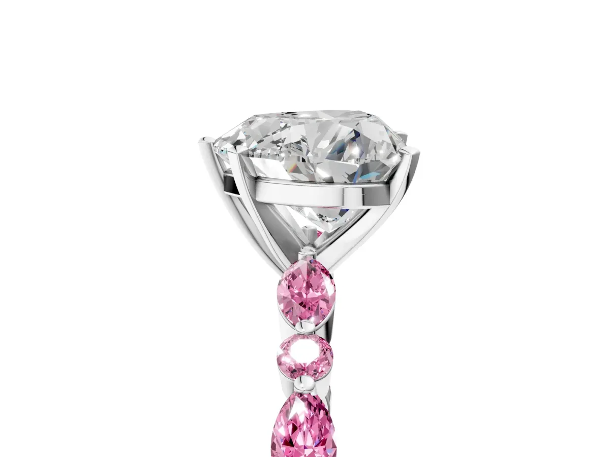 Heart Cut Diamond Ring with Marquise and Round Pink Sapphire Side Stones and Four-Prong Setting Silver