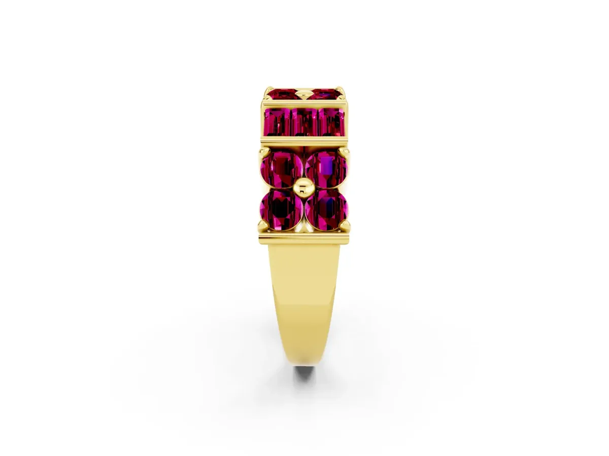 Channel Set Round and Baguette Garnet Anniversary Band with Prong Setting Yellow gold