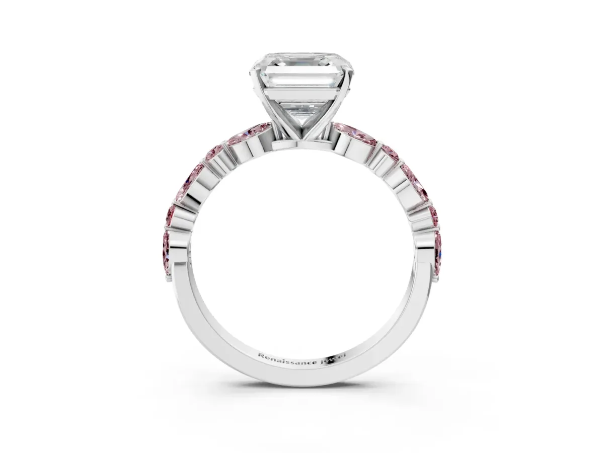 Asscher Cut Diamond Ring with Marquise and Round Morganite Side Stones and Four-Prong Setting Silver