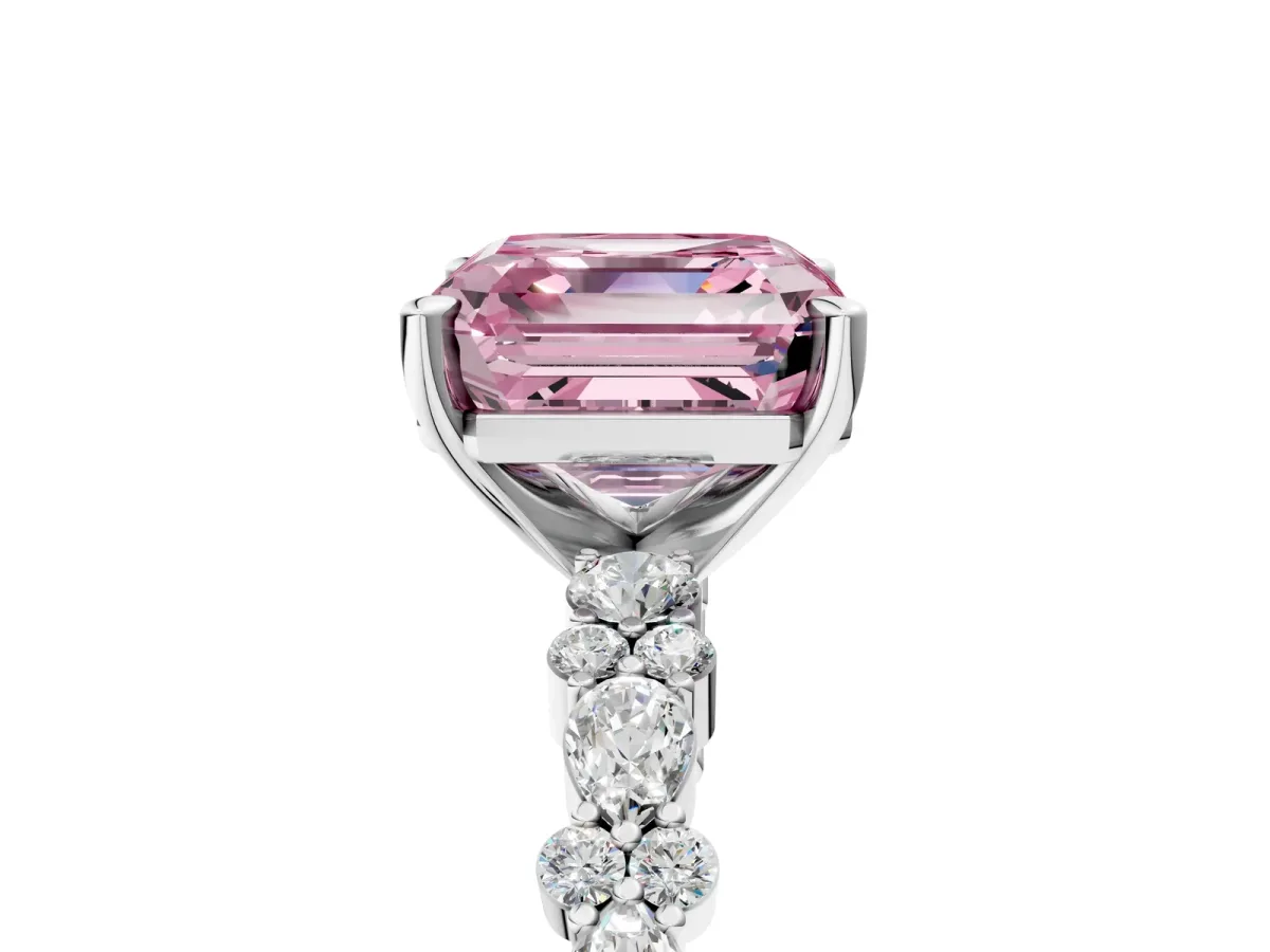 Fancy Pink Asscher Cut Diamond Side Stone Solitaire Ring with Round and Four-Prong Setting Platinum
