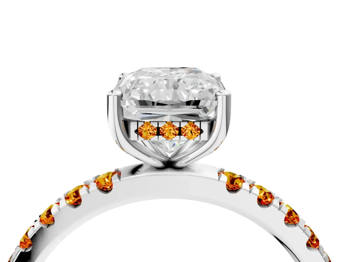 Radiant Cut Diamond Pave Band Solitaire Ring with Round Citrine and Prong Setting Platinum