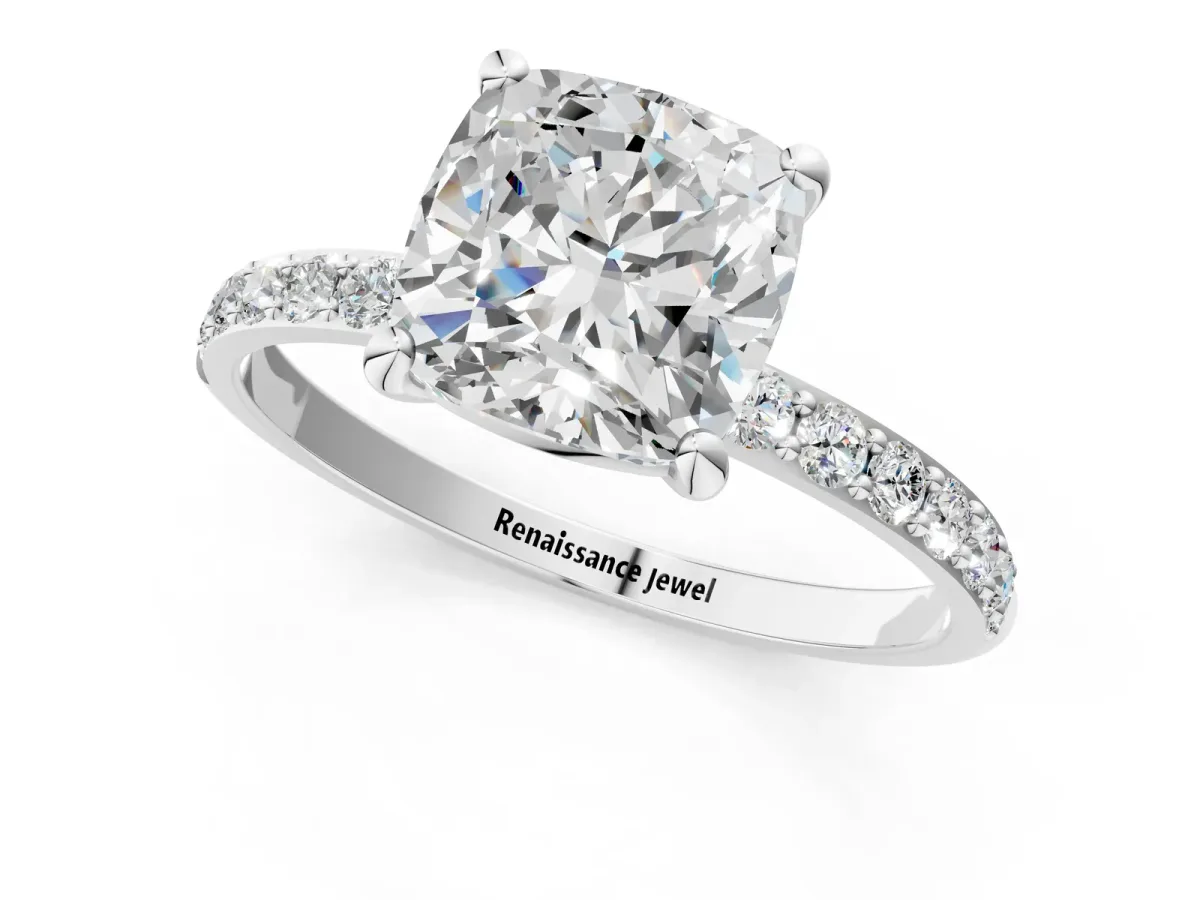 Cushion Cut Diamond Solitaire Ring with Round Moissanite Pavé Band and Prong Setting Silver