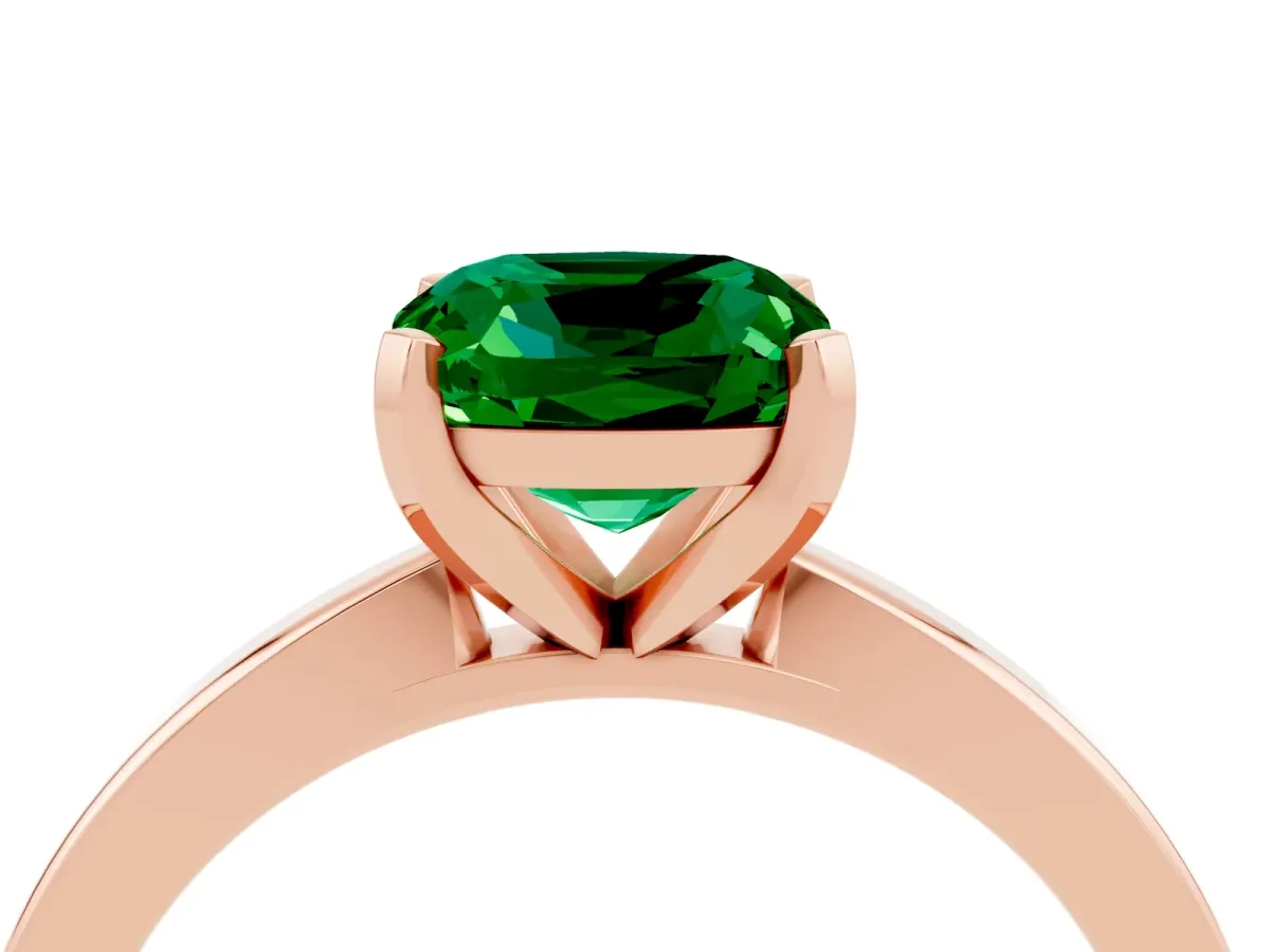Cushion Cut Emerald Solitaire Engagement Ring with Classic Band and Four-Prong Setting Rose gold