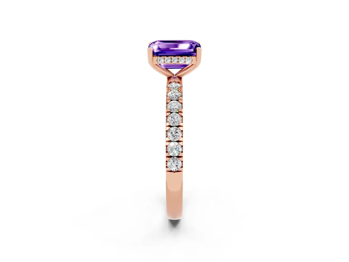 Emerald Cut Tanzanite Pave Band Solitaire Ring with Round and Prong Setting Rose gold