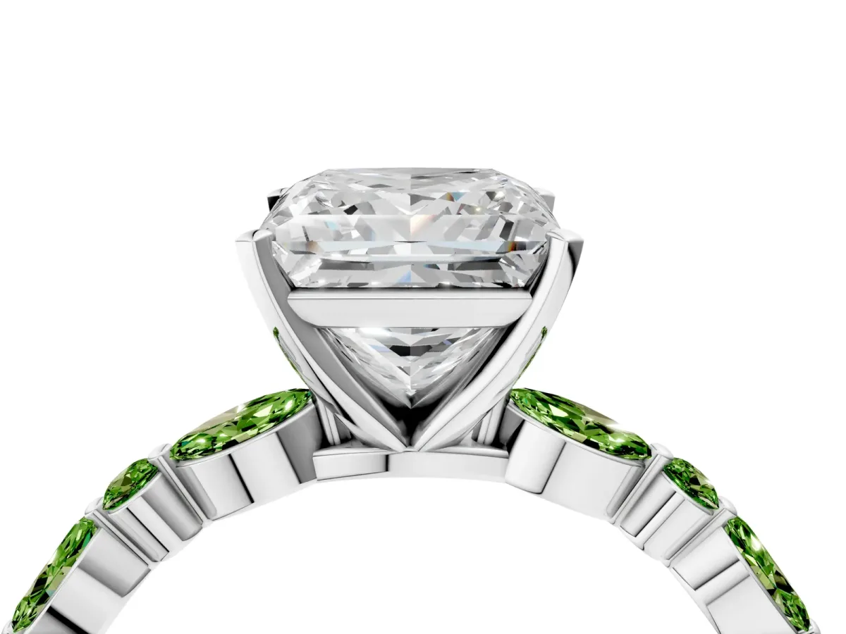 Princess Cut Diamond Ring with Marquise and Round Peridot Side Stones and Four-Prong Setting Silver