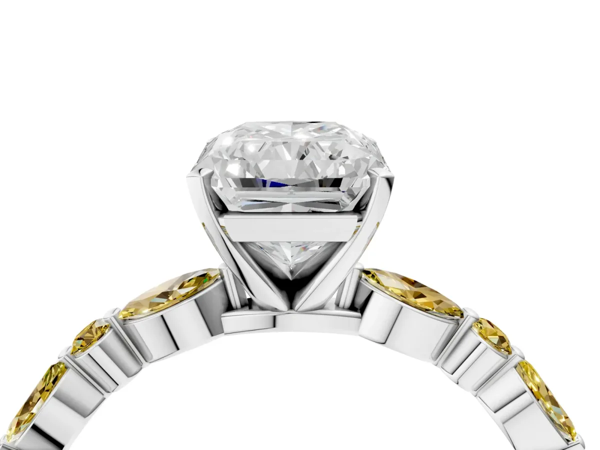Radiant Cut Diamond Ring with Marquise and Round Yellow Sapphire Side Stones and Four-Prong Setting Silver