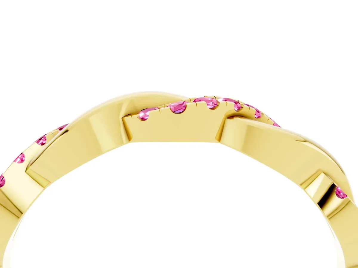 Round Pink Sapphire Twist Eternity Band with Pavé Setting Yellow gold