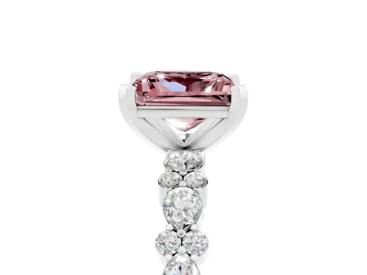 Princess Cut Morganite Side Stone Solitaire Ring with Round and Four-Prong Setting Silver