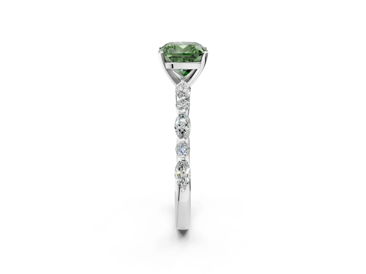 Fancy Green Cushion Cut Diamond Ring with Marquise and Round Side Stones and Four-Prong Setting Silver