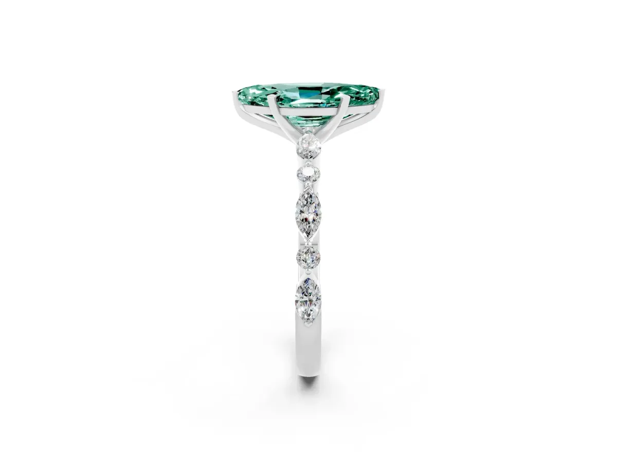 Marquise Cut Green Sapphire Ring with Marquise and Round Side Stones and Four-Prong Setting Platinum