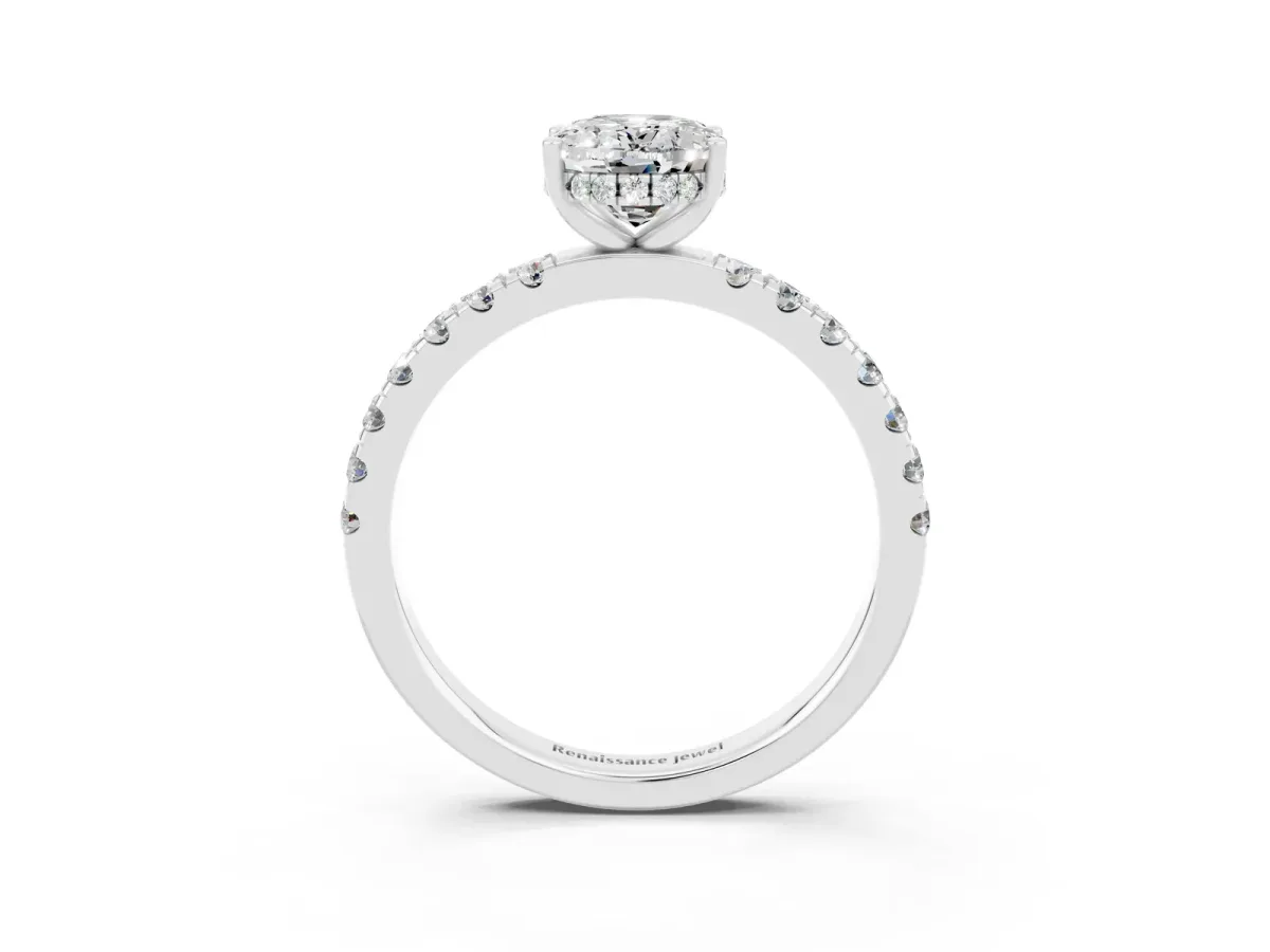 Oval Cut Moissanite Pave Band Solitaire Ring with Round and Prong Setting White gold