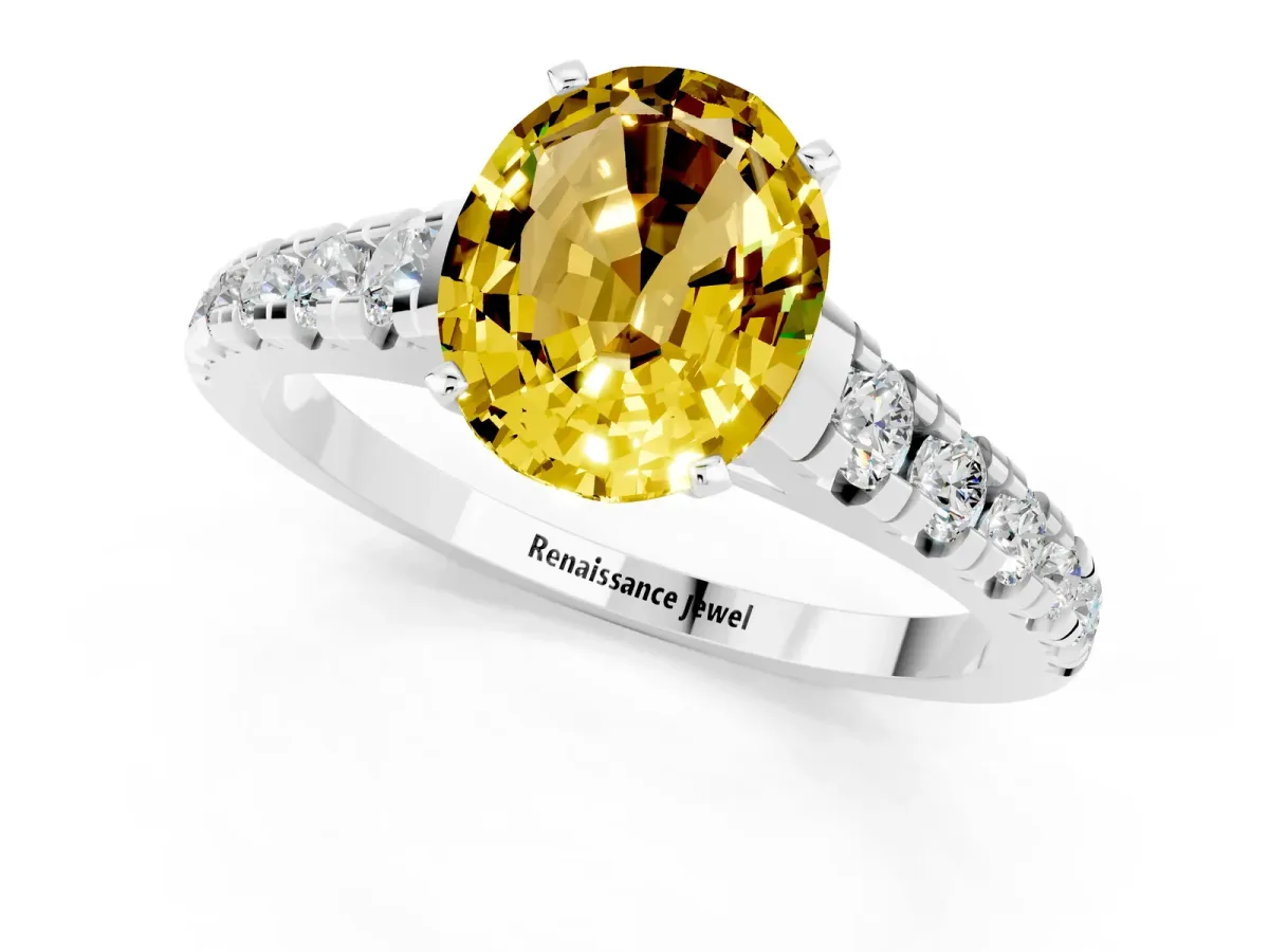 Oval Cut Yellow Sapphire Cathedral Solitaire Ring with Round Pavé Band Silver