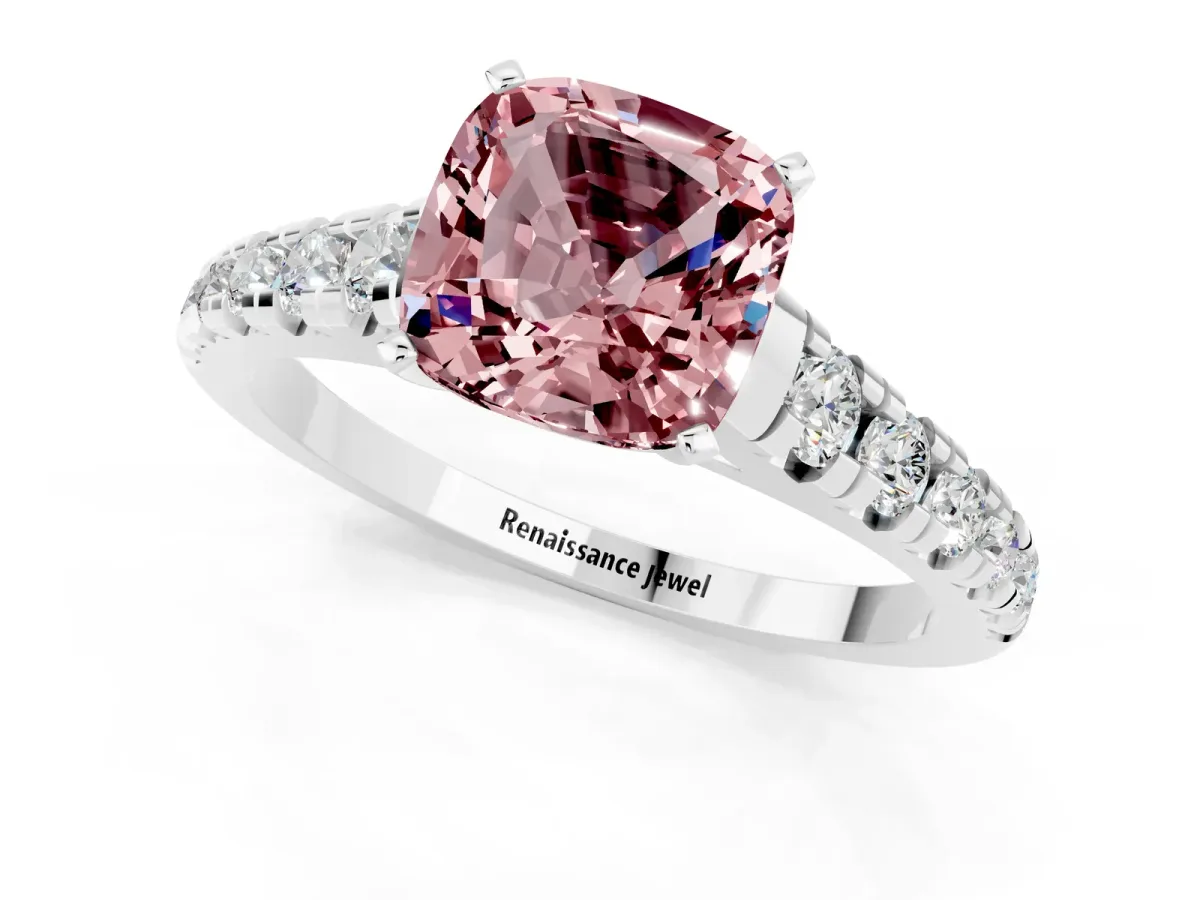 Cushion Cut Morganite Cathedral Solitaire Ring with Round Pavé Band Silver