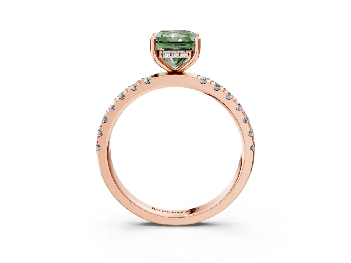 Fancy Green Radiant Cut Diamond Pave Band Solitaire Ring with Round and Prong Setting Rose gold