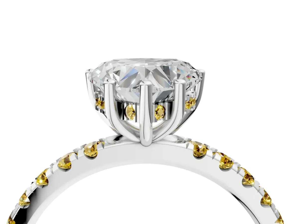 Heart Cut Diamond Pave Band Solitaire Ring with Round Yellow Sapphire and Prong Setting White gold