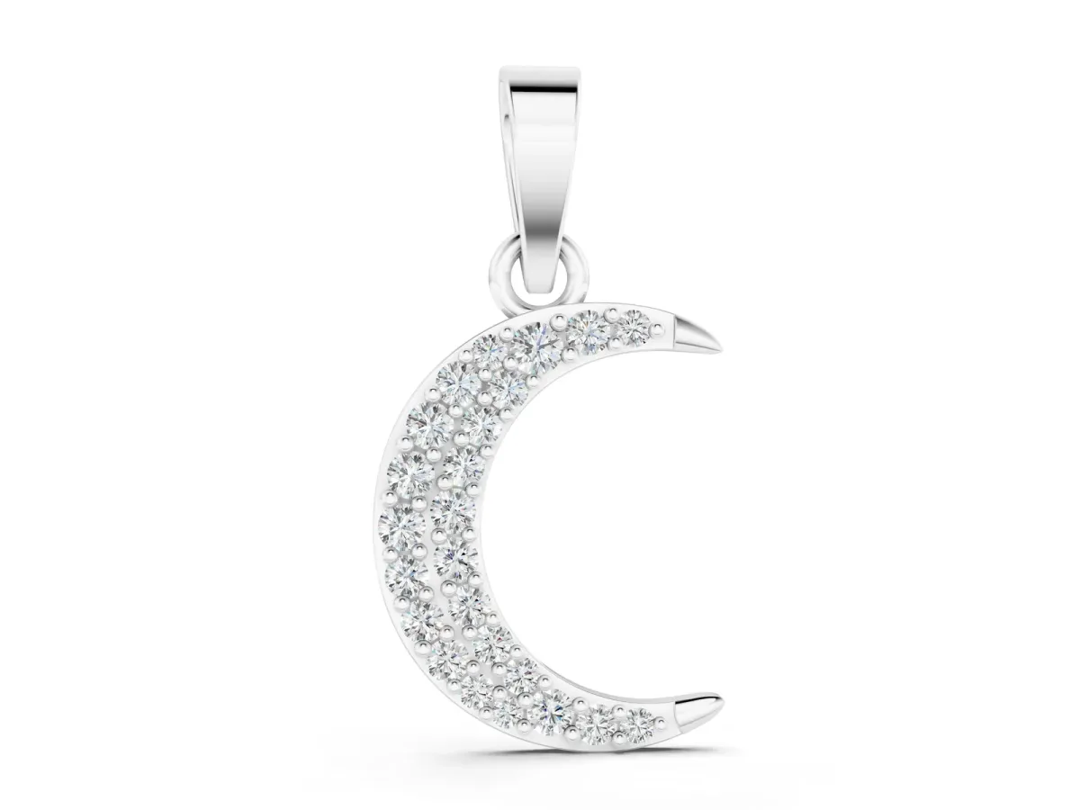 Pavé Round Diamond Crescent Pendant with Four-Prong Setting Silver