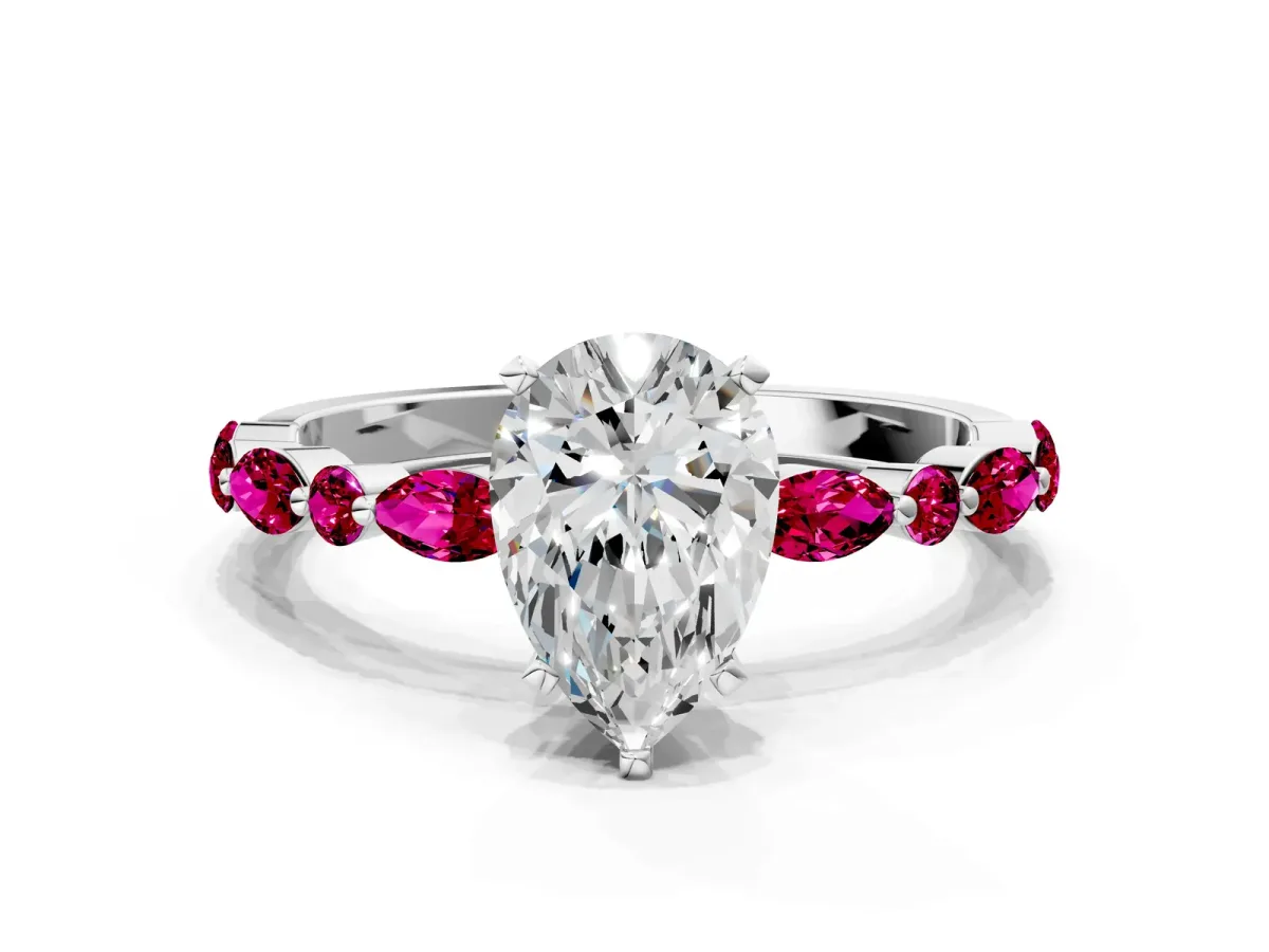 Pear Cut Diamond Ring with Marquise and Round Garnet Side Stones and Four-Prong Setting Silver