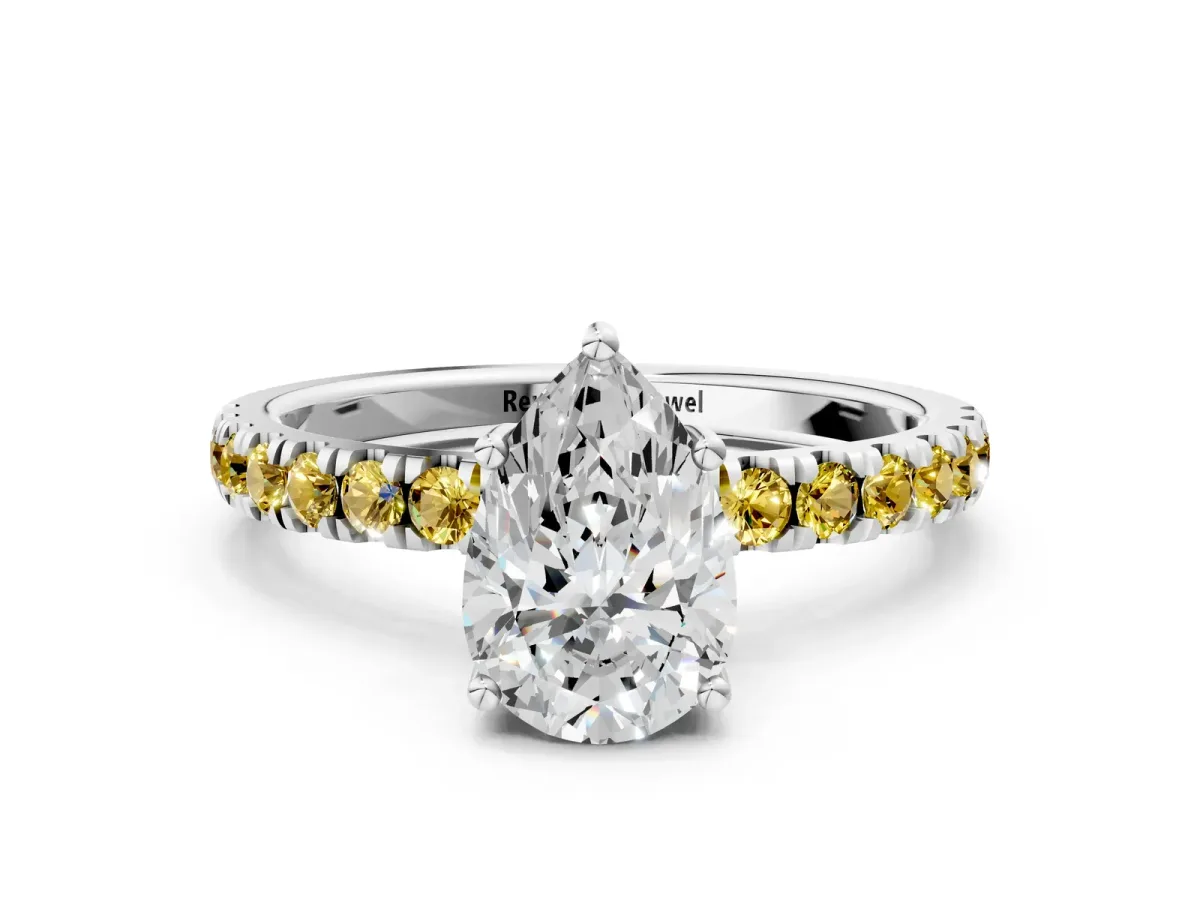 Pear Cut Diamond Pave Band Solitaire Ring with Round Yellow Sapphire and Prong Setting White gold