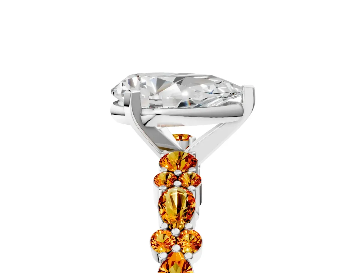 Pear Cut Diamond Side Stone Solitaire Ring with Round Citrine and Four-Prong Setting White gold