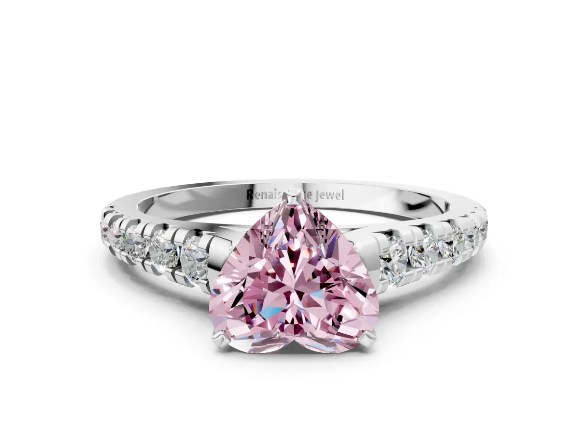 Fancy Pink Heart Cut Diamond Cathedral Solitaire Ring with Round Pavé Band Silver