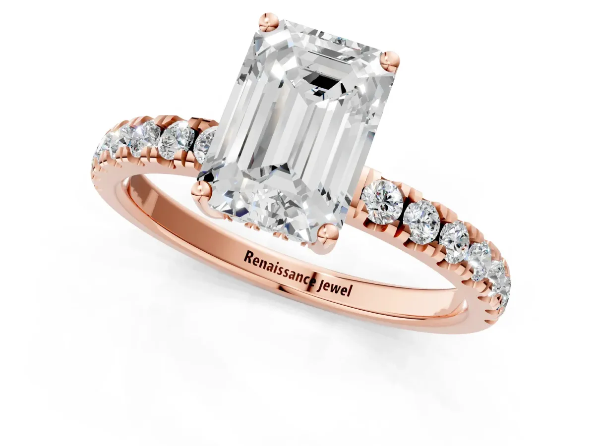 Emerald Cut Diamond Pave Band Solitaire Ring with Round and Prong Setting Rose gold