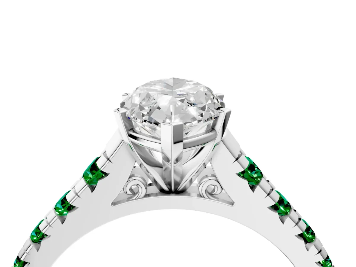 Marquise Cut Diamond Cathedral Solitaire Ring with Round Emerald Pavé Band Silver