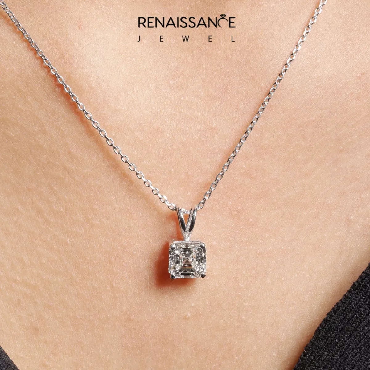 Asscher Diamond Solitaire Pendant with Four Prong Setting White gold