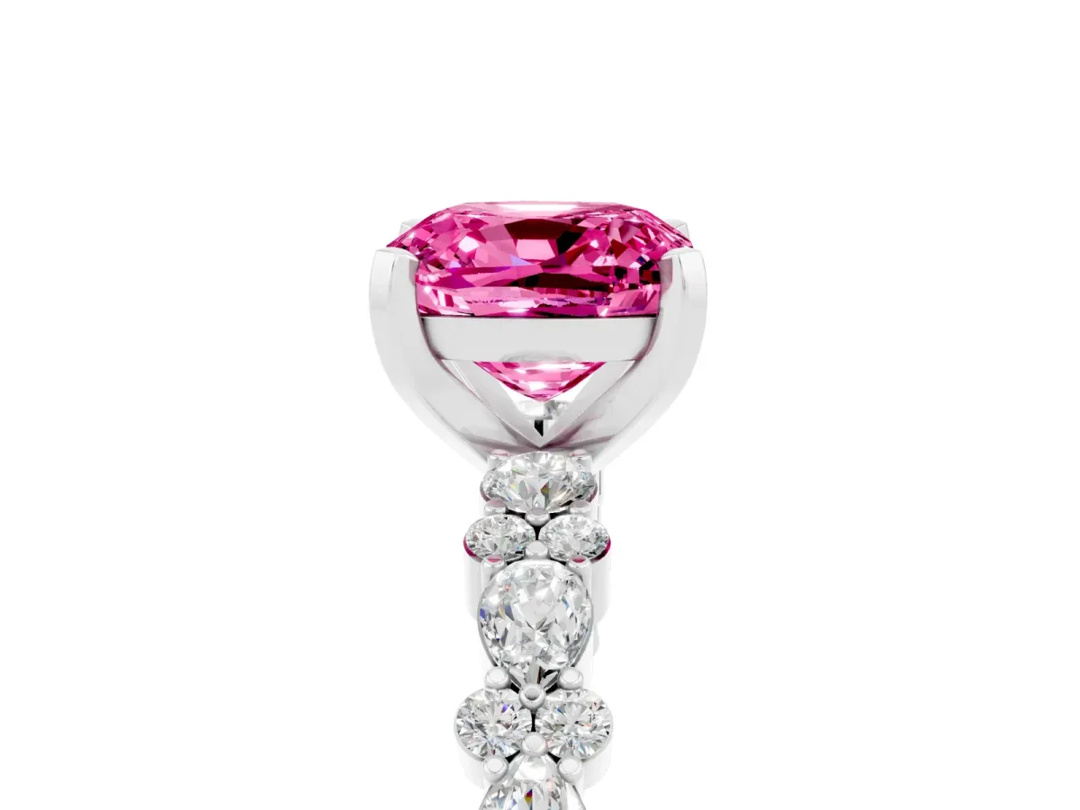 Cushion Cut Pink Sapphire Side Stone Solitaire Ring with Round and Four-Prong Setting Platinum