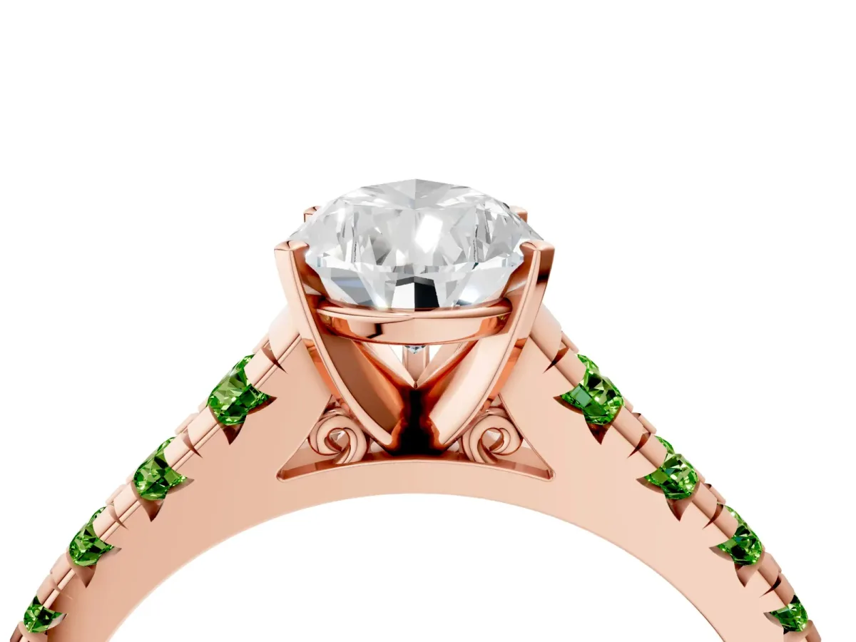 Pear Cut Diamond Cathedral Solitaire Ring with Round Peridot Pavé Band Rose gold
