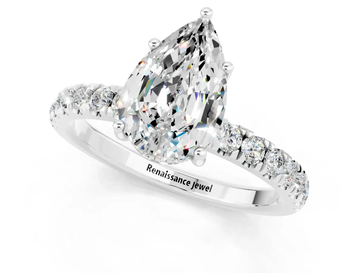 Pear Cut Moissanite Pave Band Solitaire Ring with Round and Prong Setting White gold