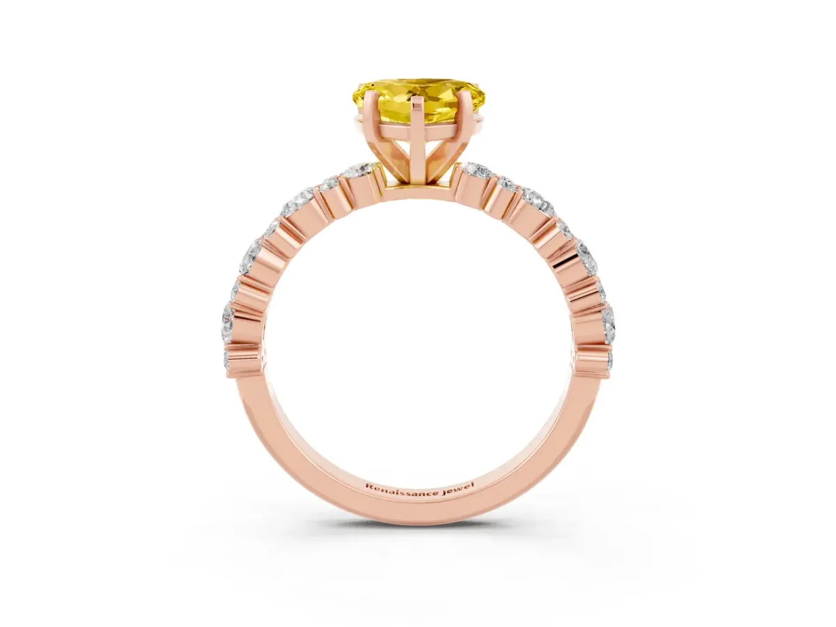 Heart Cut Yellow Sapphire Side Stone Solitaire Ring with Round and Four-Prong Setting Rose gold