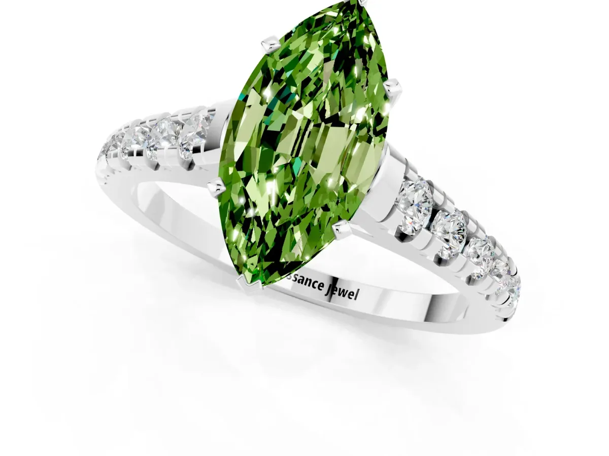 Marquise Cut Peridot Cathedral Solitaire Ring with Round Pavé Band Platinum