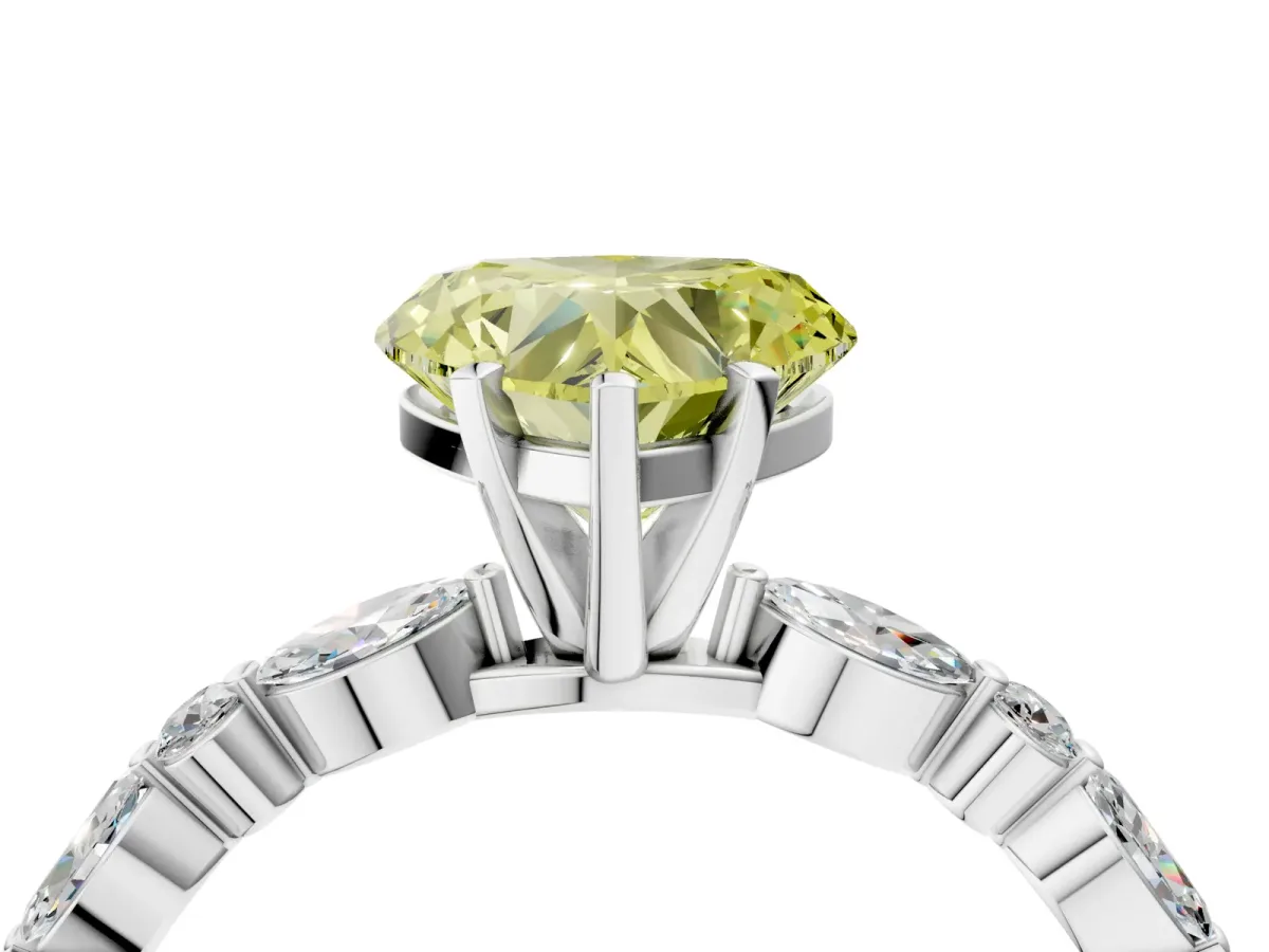 Fancy Yellow Heart Cut Diamond Ring with Marquise and Round Side Stones and Four-Prong Setting Silver