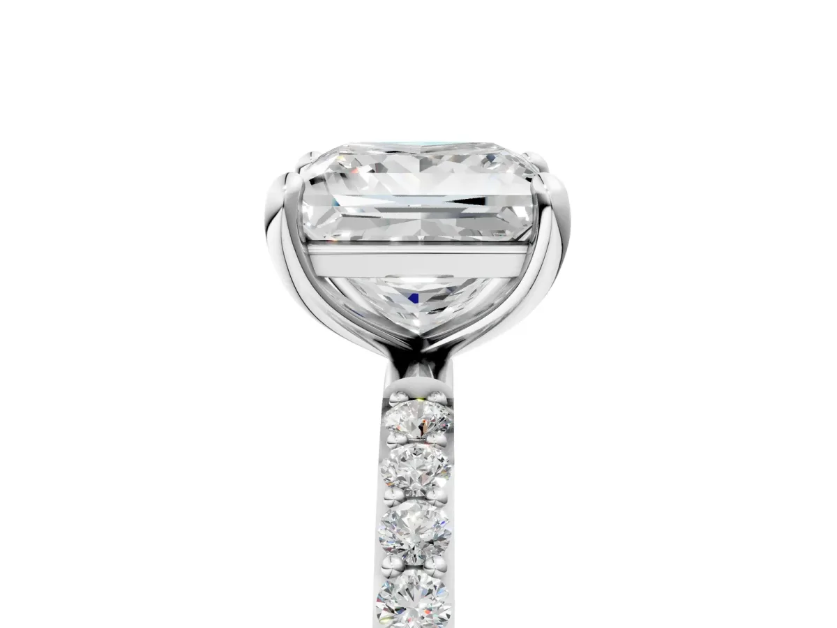 Princess Cut Diamond Solitaire Ring with Round Pavé Band and Prong Setting Platinum