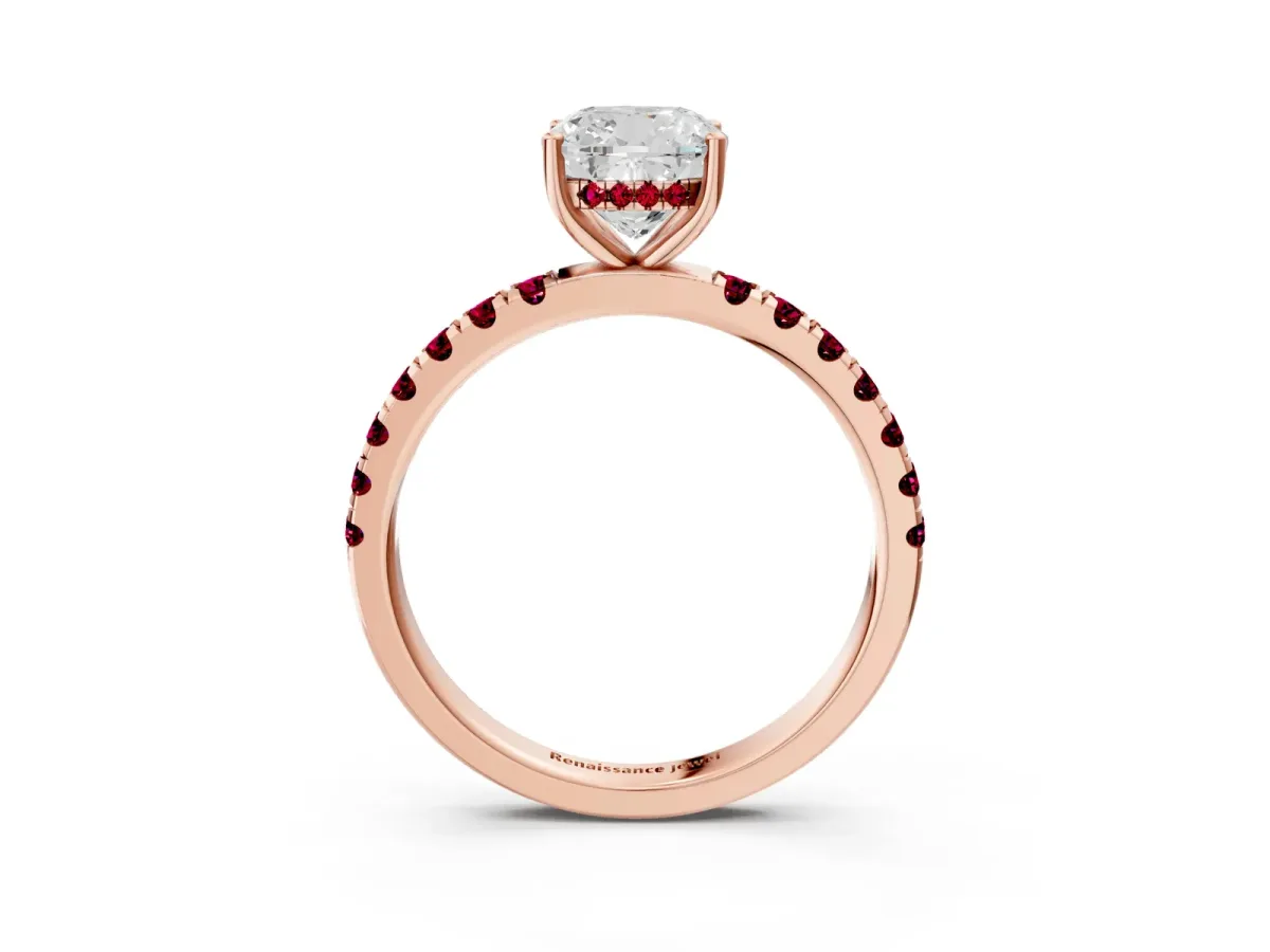Cushion Cut Diamond Pave Band Solitaire Ring with Round Garnet and Prong Setting Rose gold