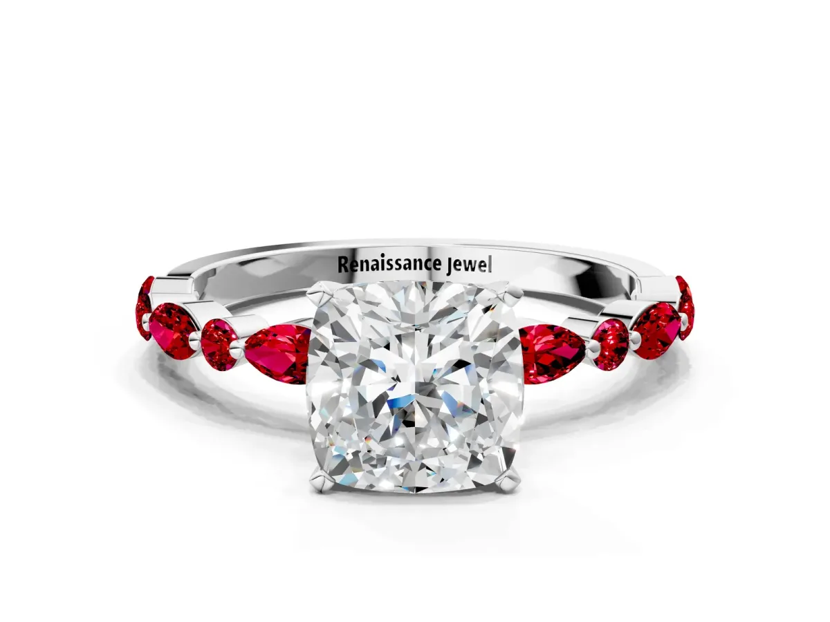 Cushion Cut Diamond Ring with Marquise and Round Ruby Side Stones and Four-Prong Setting Silver