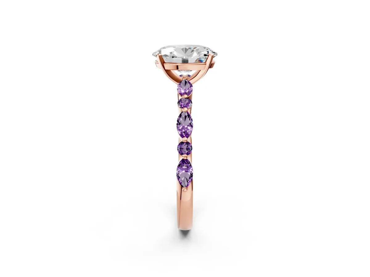 Oval Cut Diamond Ring with Marquise and Round Amethyst Side Stones and Four-Prong Setting Rose gold