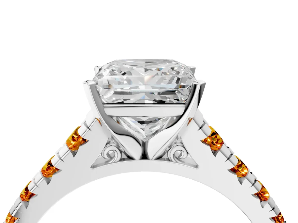 Princess Cut Diamond Cathedral Solitaire Ring with Round Citrine Pavé Band Silver