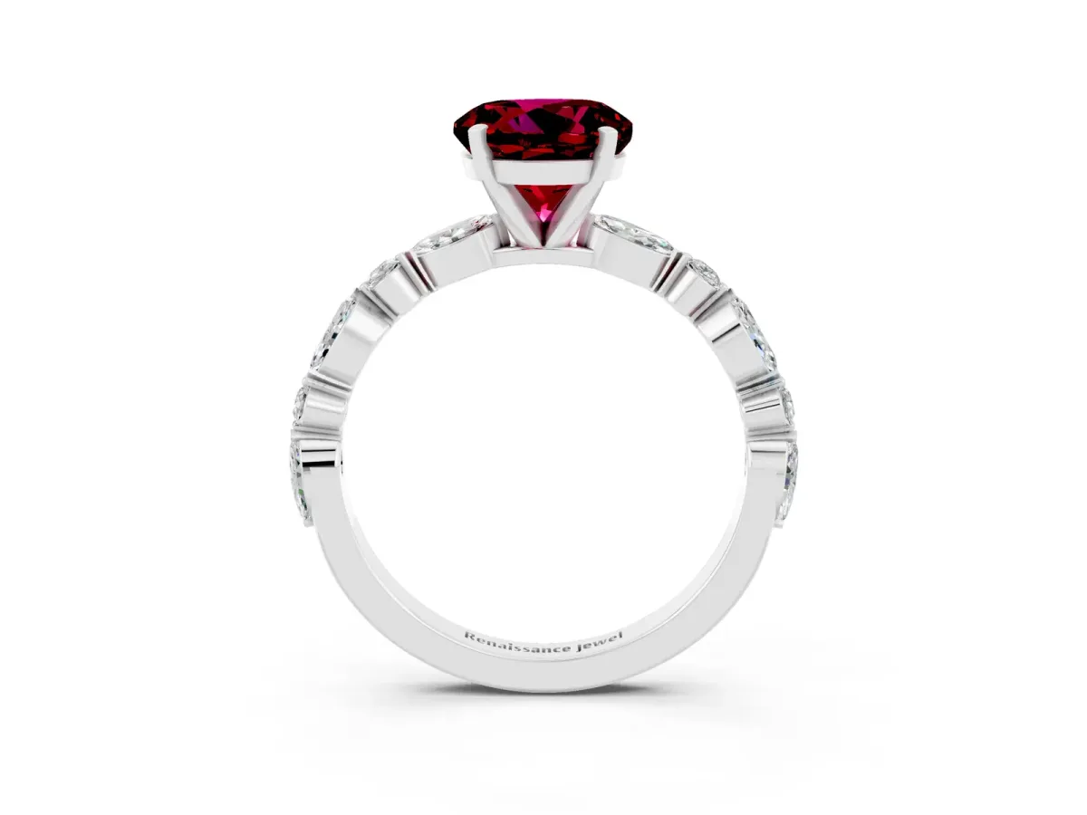 Round Cut Garnet Ring with Marquise and Round Side Stones and Four-Prong Setting Platinum