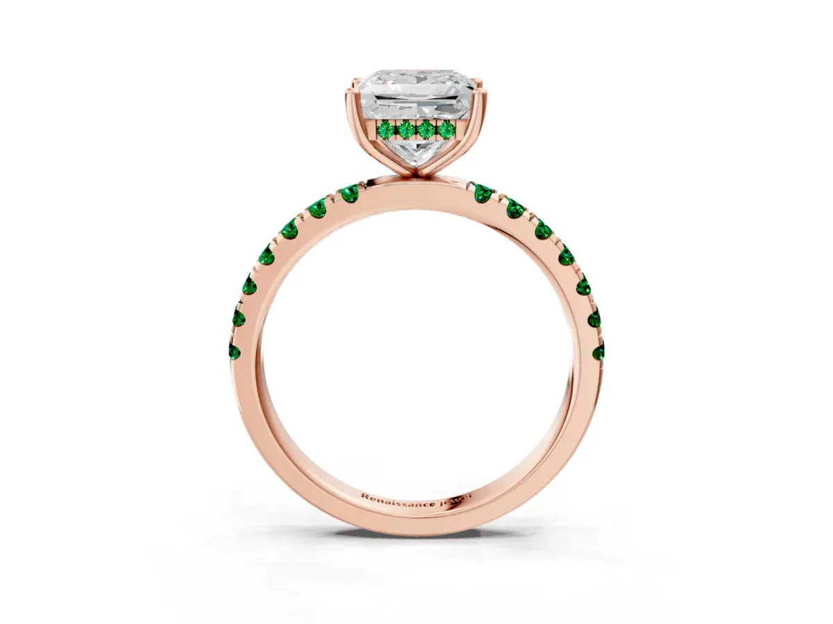 Princess Cut Diamond Pave Band Solitaire Ring with Round Emerald and Prong Setting Rose gold