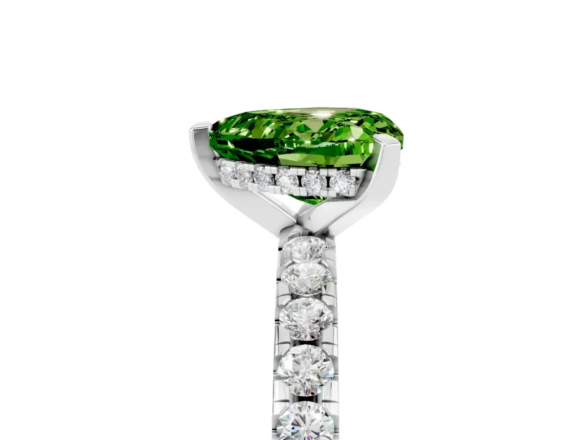 Heart Cut Peridot Solitaire Ring with Round Pavé Band and Four-Prong Setting Platinum