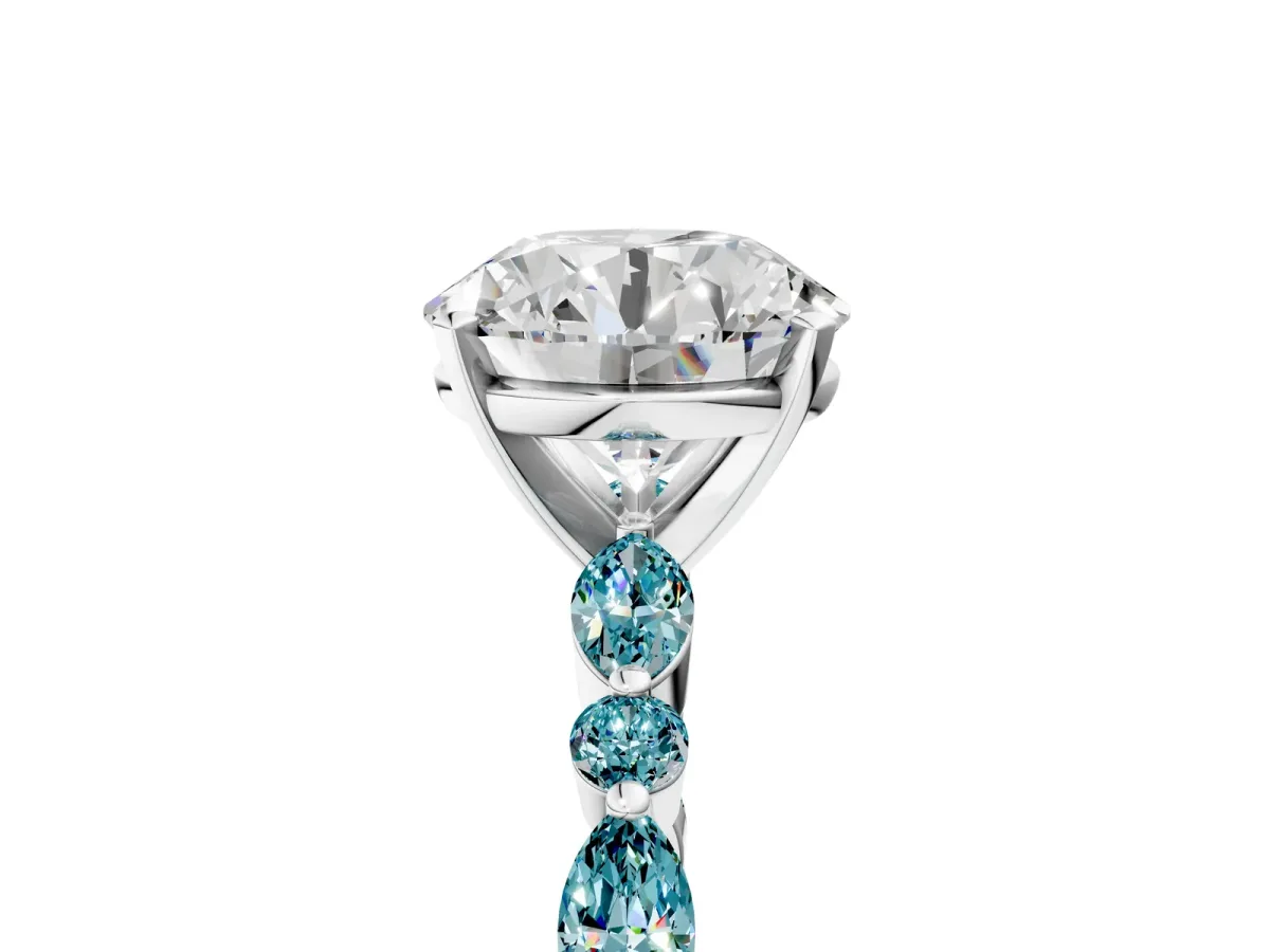 Round Cut Diamond Ring with Marquise and Round Blue Topaz Side Stones and Four-Prong Setting Silver