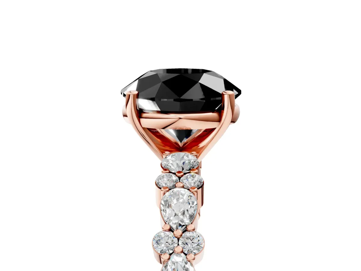 Fancy Black Round Cut Diamond Side Stone Solitaire Ring with Round and Four-Prong Setting Rose gold