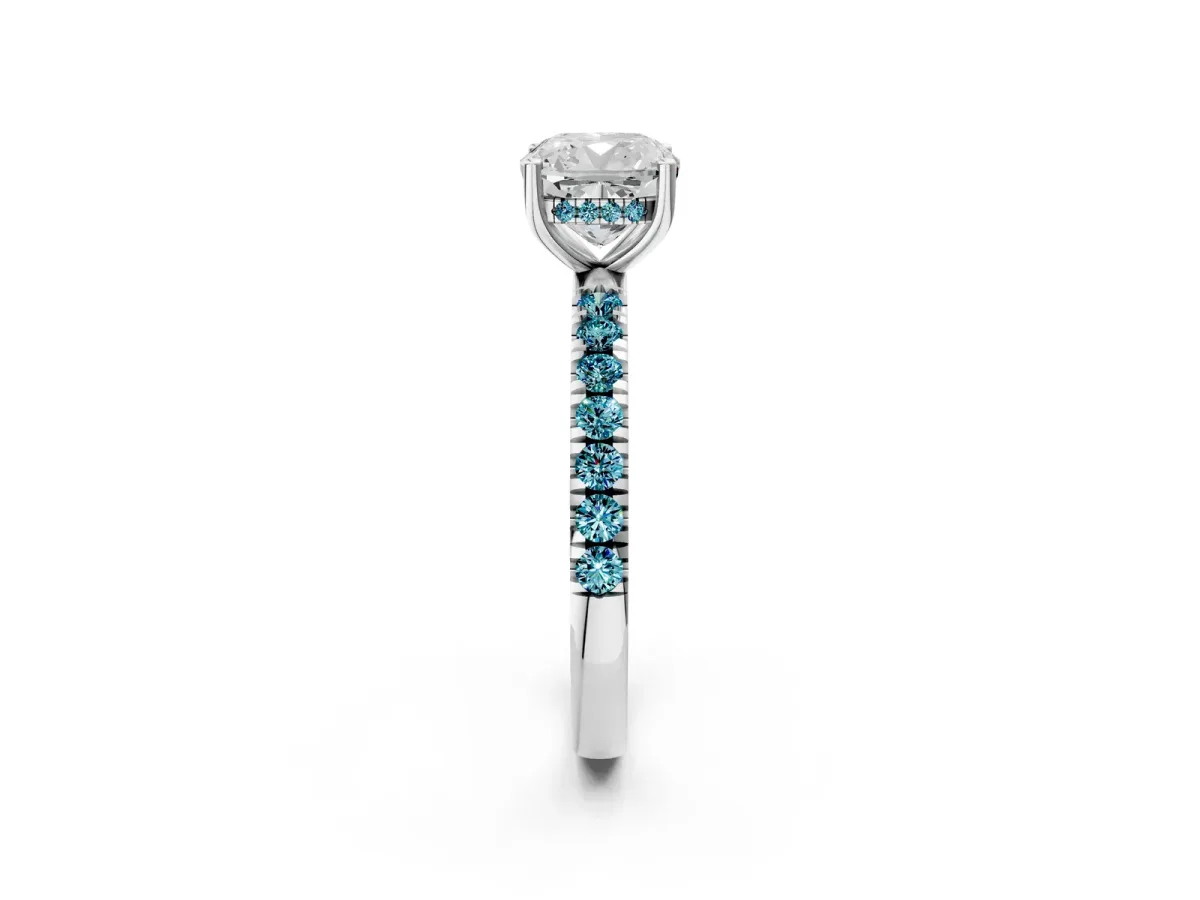 Cushion Cut Diamond Pave Band Solitaire Ring with Round Blue Topaz and Prong Setting Platinum