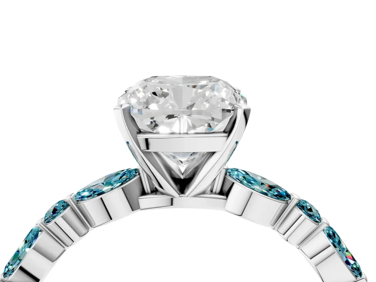 Cushion Cut Diamond Ring with Marquise and Round Blue Topaz Side Stones and Four-Prong Setting Silver