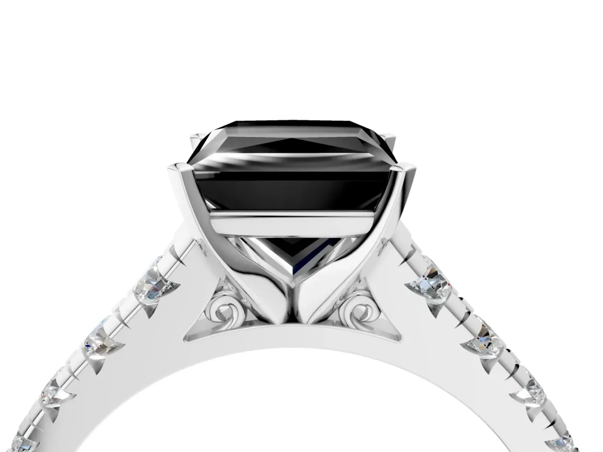 Fancy Black Princess Cut Diamond Cathedral Solitaire Ring with Round Pavé Band Silver